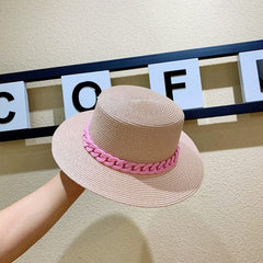 Macaron color straw hat sun hat flat top Korean fashion color chain with top hat acrylic beach hat candy color sun hat