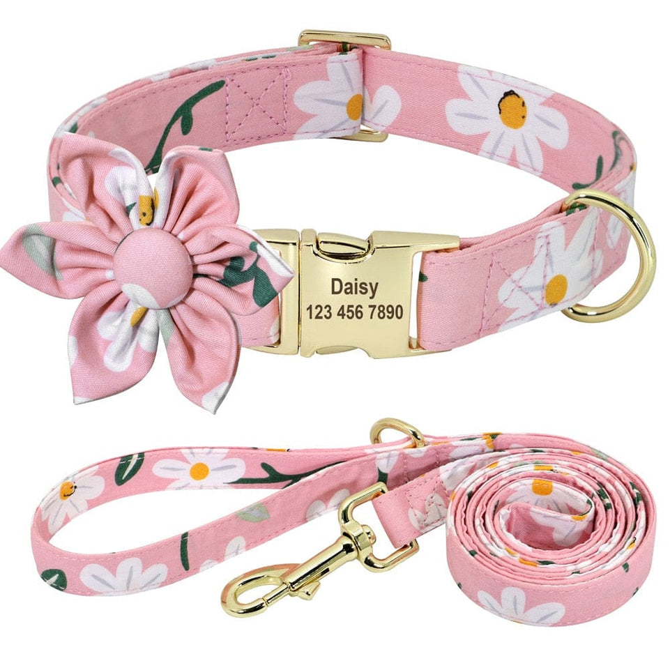 Floral Persoalized Dog Collar Fashion Printed Custom Nylon Dog Collars With Free Engraved Nameplate For Small Medium Large Dogs