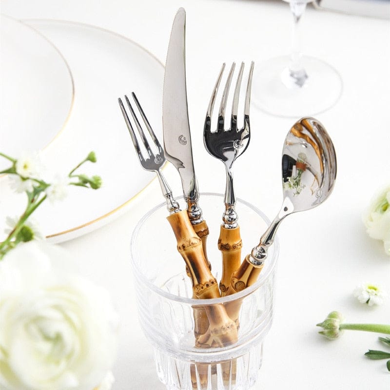 Creative Nature Bamboo Cutlery Set 304 Stainless Steel Steak Cutlery Tableware set Spoon and Fork Hign-end Quality Dinnerware - Wowza