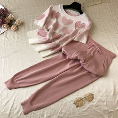 Korean Beaded Love Printed Knitted Sweet 2 Pcs Women Short Sleeve Beading Sweaters Female Tops+pants Suit Pink Casual Tracksuit