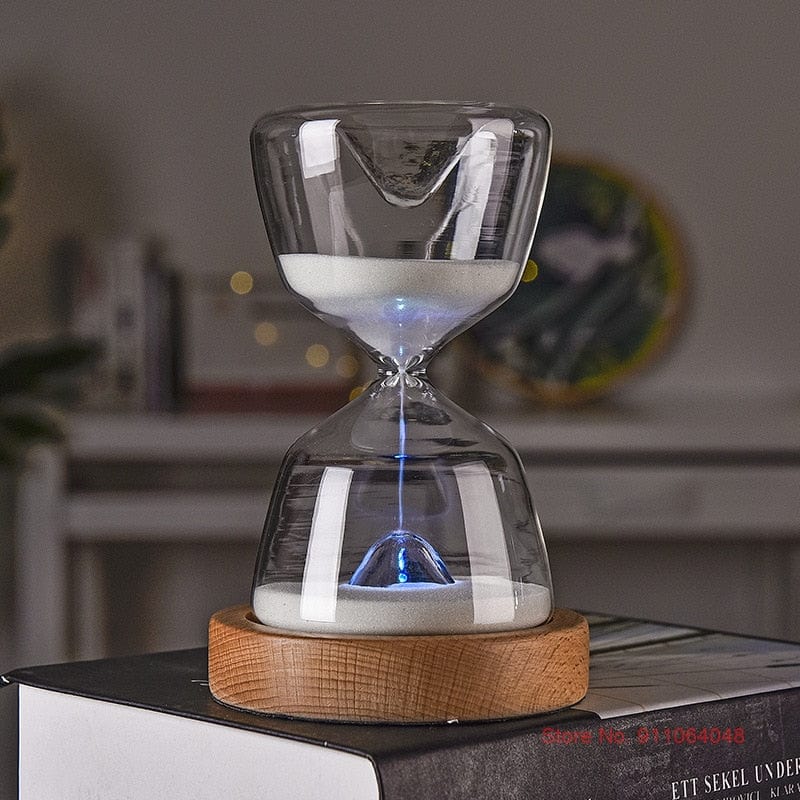Luminous Remote Control Glass Hourglass 15 Minutes Time Timer Free Customized Laser Lettering Wood Bottom Night Light Sandglass
