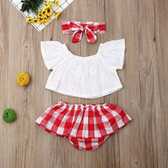 Lioraitiin 3Pcs Set 0-24M Newborn Baby Girl Clothes Cute Summer Off Shoulder Lace Tops+ Red Plaid Short Dress Headband Outfit