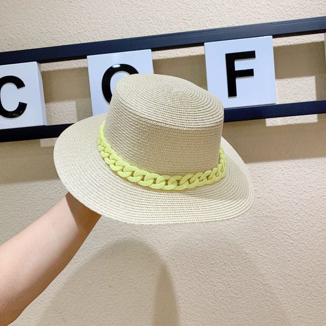 Macaron color straw hat sun hat flat top Korean fashion color chain with top hat acrylic beach hat candy color sun hat