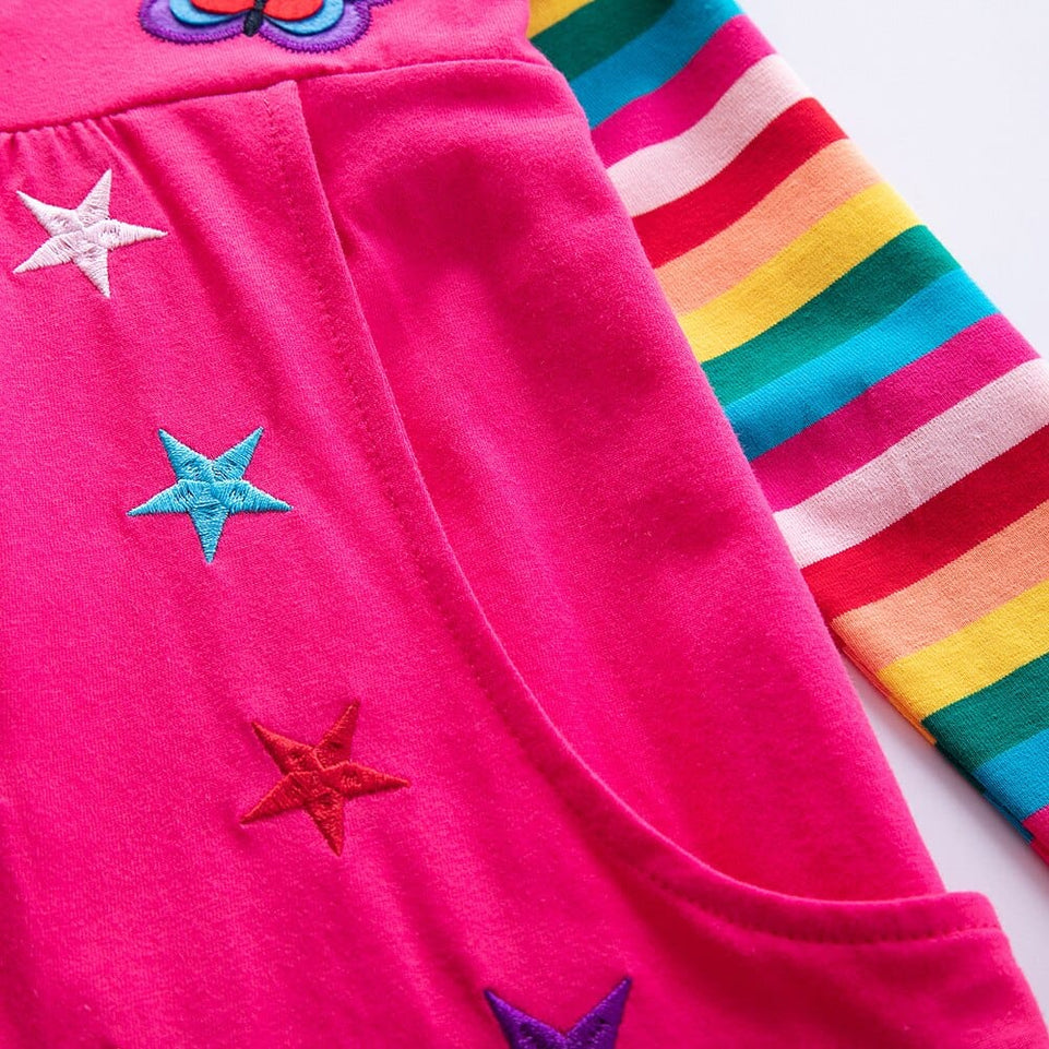 Girls Long Sleeve Star Embroidered Dress Girls Autumn New Style Two Pocket Rainbow Striped Sleeve Cotton Dress LH5809