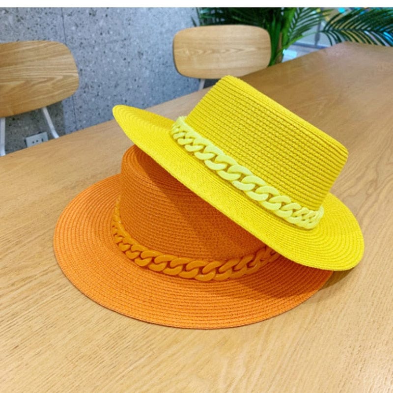 Macaron color straw hat sun hat flat top Korean fashion color chain with top hat acrylic beach hat candy color sun hat