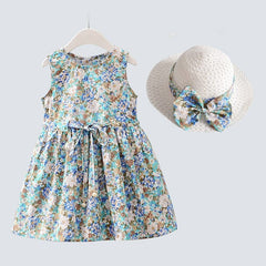 2PCS/Set Girls Dress +Hat Cotton Comfortable Children's Dress 2023 Summer Dress Floral Girls' Sleeveless Dress For Children