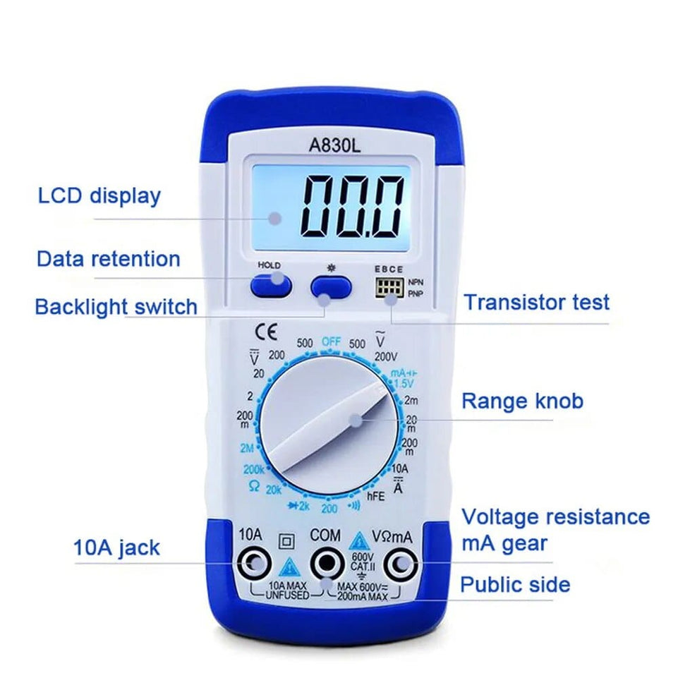 LCD Digital Multimeter A830L AC DC Voltage Diode Frequency Multi tester Current Tester Luminous Display with Buzzer Function