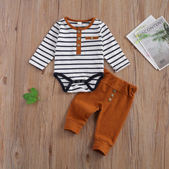 lioraitiin 2 Pcs Baby Boy Girl Casual Suit Clothing Round Neck Long Sleeve Stripe Romper Button Decoration Loose Trousers