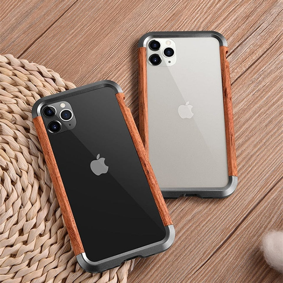 R-JUST Luxury Aluminum Metal Wood Bumper Case for iPhone SE 2020 11 Pro Max X 7 8 XR XS MAX Slim Natural Wood Brand Phone Cover