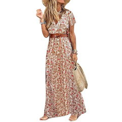 HOT SALE!! Boho Women V Neck Short Sleeve Paisley Print Belt Large Hem Beach Long Dress print dress summer beach dress with belt