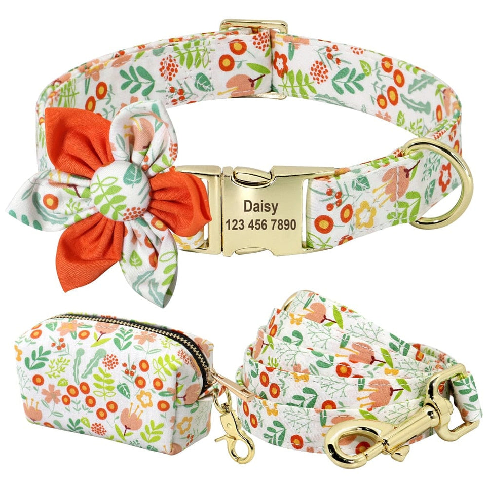 Floral Persoalized Dog Collar Fashion Printed Custom Nylon Dog Collars With Free Engraved Nameplate For Small Medium Large Dogs