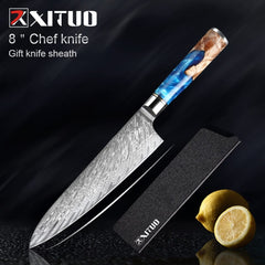 XITUO Kitchen Knives-Set Damascus Steel Chef Knife Cleaver Paring Utility Bread Knife Cooking Tool Blue Resin Handle 1-6Pcs/Set - Wowza