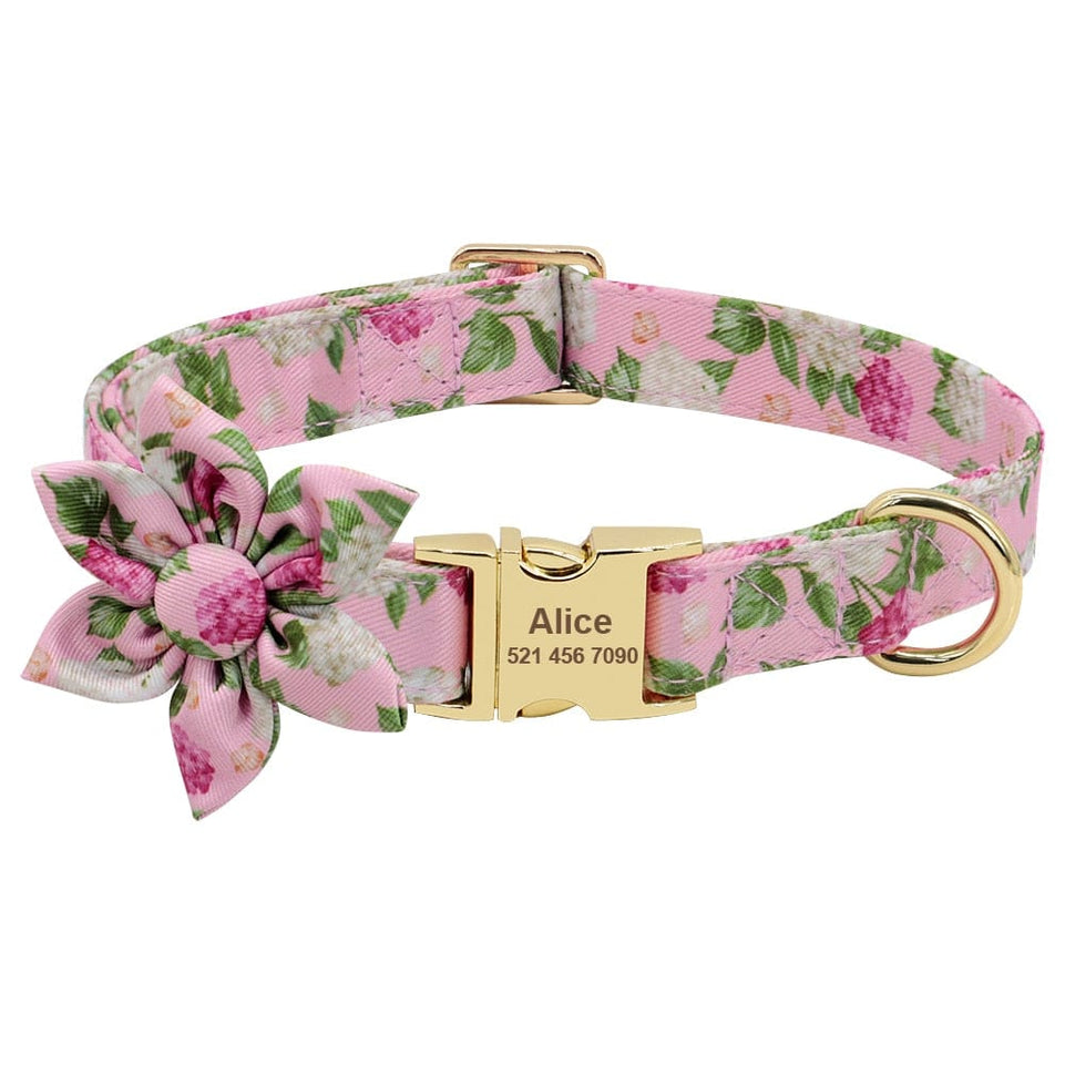 Floral Persoalized Dog Collar Fashion Printed Custom Nylon Dog Collars With Free Engraved Nameplate For Small Medium Large Dogs