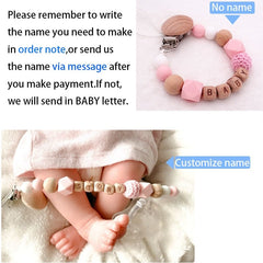 Handmade Free Personalized Name Silicone Wood Pacifier Clips Safe Teething Chain Baby Teether Eco-friendly Dummy Clips Holder