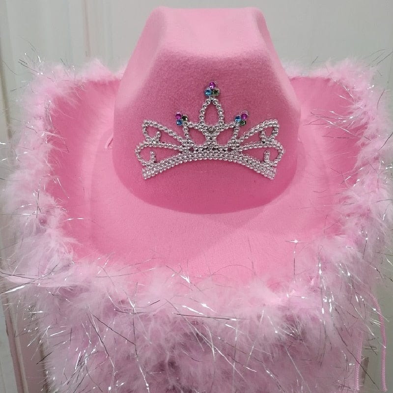 Women Wide Brim Fedora Women Girl Tiara Western Pink Cowboy Hat for Party