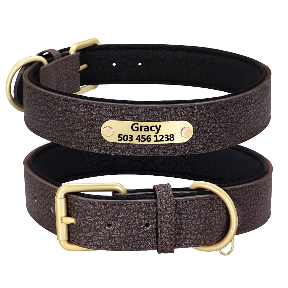 Custom Engraved Dog Collar Leather Padded Dogs Collars With Personalized ID Plate Tag 2 Layers For Small Large Dogs Pitbull - Wowza