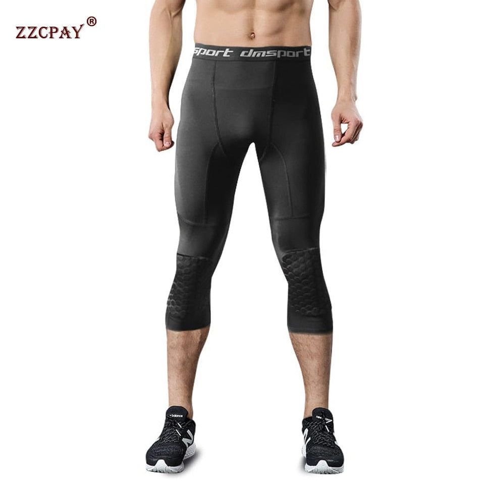 Men's Safety Anti-Collision Pants Basketball Training 3/4 Tights Leggings With Knee Pads Protector Sports Compression Trousers