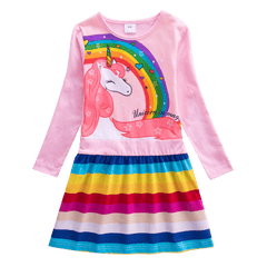 Girls Long Sleeve Star Embroidered Dress Girls Autumn New Style Two Pocket Rainbow Striped Sleeve Cotton Dress LH5809