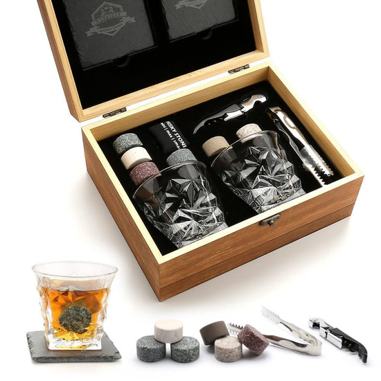 Whiskey Stones & Glasses Set, Granite Ice Cube For Whisky, Whiski Chilling Rocks In Wooden Box, Best Gift For Dad Husband Men - Wowza