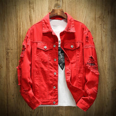 Spring Autumn New Men's Jean Jacket Slim Fit Cotton Denim Jacket Red White Black Ripped Hole Jean Coats Men Outwear Plus size