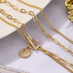 Vintage Carved Coin Thick Chain OT Buckle Necklace Bohemian Punk Metal Coin Collar Choker Necklace Fashion Women Punk Jewelry