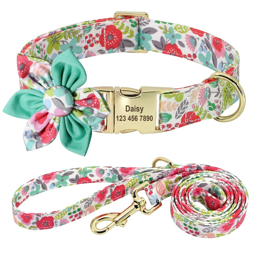 Floral Persoalized Dog Collar Fashion Printed Custom Nylon Dog Collars With Free Engraved Nameplate For Small Medium Large Dogs