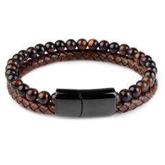 Natural Stone Bracelets Genuine Leather Braided Bracelets Black Stainless Steel Magnetic Clasp Tiger eye Bead Bangle Men Jewelry