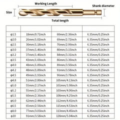 A set of hexagonal shank titanium coated high-speed steel cobalt bits for metal, wood, copper, aluminum, stainless steel