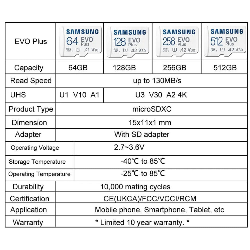 SAMSUNG EVO Plus Micro SD 64GB Memori Memory Card C10 TF MicroSD Cards SDXC 128GB 256GB 512GB U3 V30 4K For Phone Drone Camera