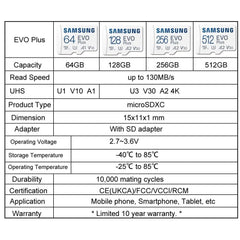 SAMSUNG EVO Plus Micro SD 64GB Memori Memory Card C10 TF MicroSD Cards SDXC 128GB 256GB 512GB U3 V30 4K For Phone Drone Camera