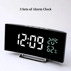 Curved Screen Digital Alarm Clock Temperature Date 2 Levels Brightness Adjustment Snooze Table Clock 12/24H Night Mode LED Clock