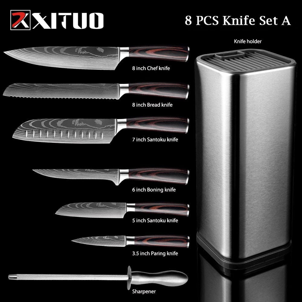 XITUO Chef knife 1-10 Pcs Set Kitchen Knives Laser Damascus Pattern Sharp Japanese Santoku Knife Cleaver Slicing Utility Knife - Wowza