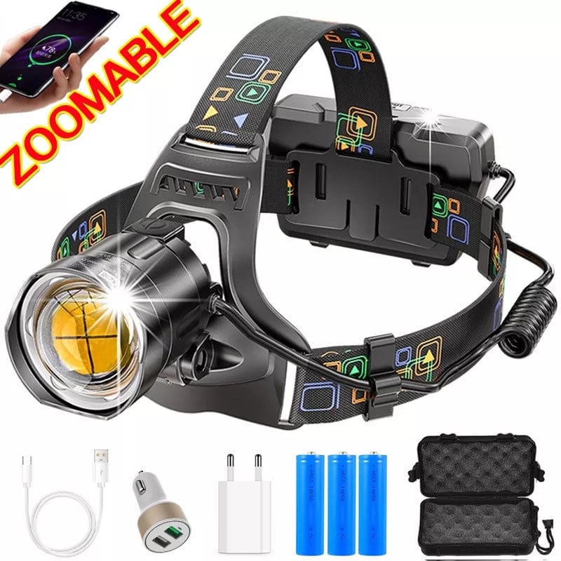 Powerful XHP100 Led Headlamp Zoomable USB Rechargeable Headlight Waterproof Output 18650 Head Torch Fishing Flashlight Camping