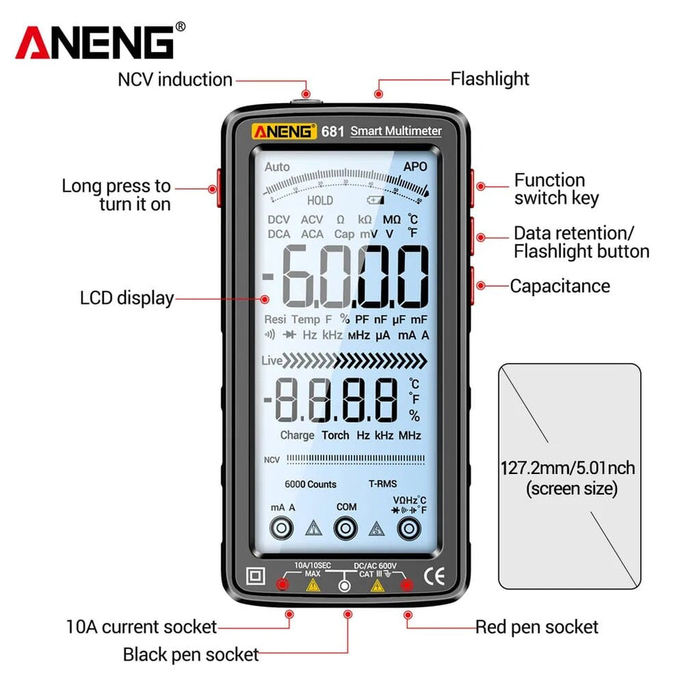 Digital Multimeter Professional, ANENG 681 Rechargeable Non-contact Voltage,Tester AC/DC  LCD Screen Current Tester