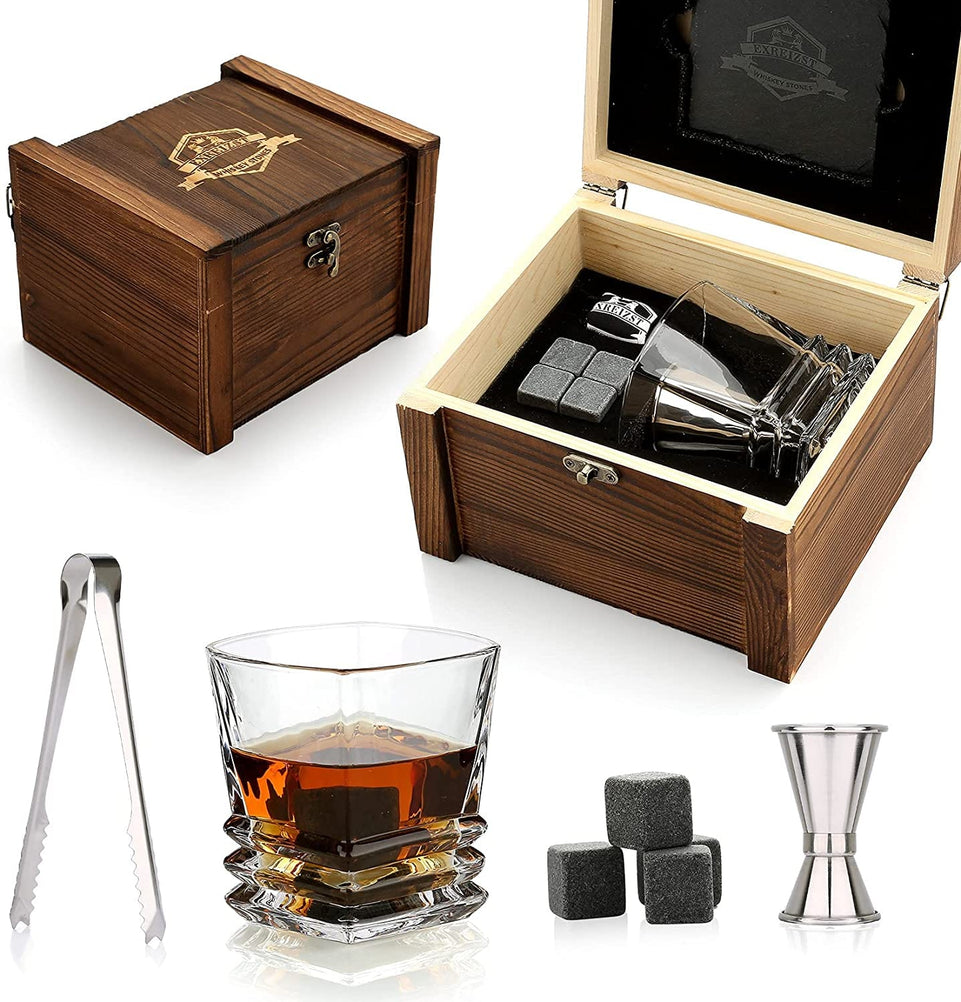 Whiskey Stones & Glasses Set, Granite Ice Cube For Whisky, Whiski Chilling Rocks In Wooden Box, Best Gift For Dad Husband Men - Wowza