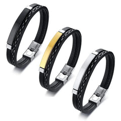 Trendy Men Leatherwear Weave Bracelet Leisure Colour Contrast Stainless Steel Bangle