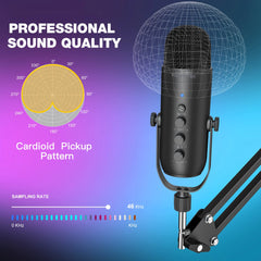 USB Streaming Podcast PC Microphone Studio Cardioid Condenser Mic Kit with Boom Arm For Recording Twitch YouTube