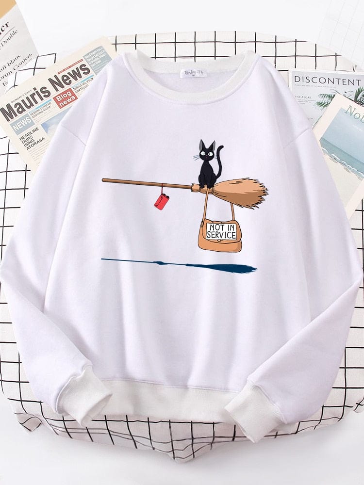 Cute Cat Not In Service Print Hoodies Women Casual Crewneck Sportswear Fleece Warm Fleece Sweatshirt Loose Hoody Autumn Clothes