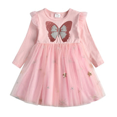 VIKITA Autumn Girls Dress Butterfly Sequins Kids Long Sleeve Dresses Baby Girls Princess Dress Party Clothes Birthday Dresses