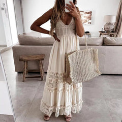 Off Shoulder Lace Patchwork Elegant Dress Women Summer 2023 V Neck Spaghetti Strap Dress Female New Fashion Solid Party Dresses