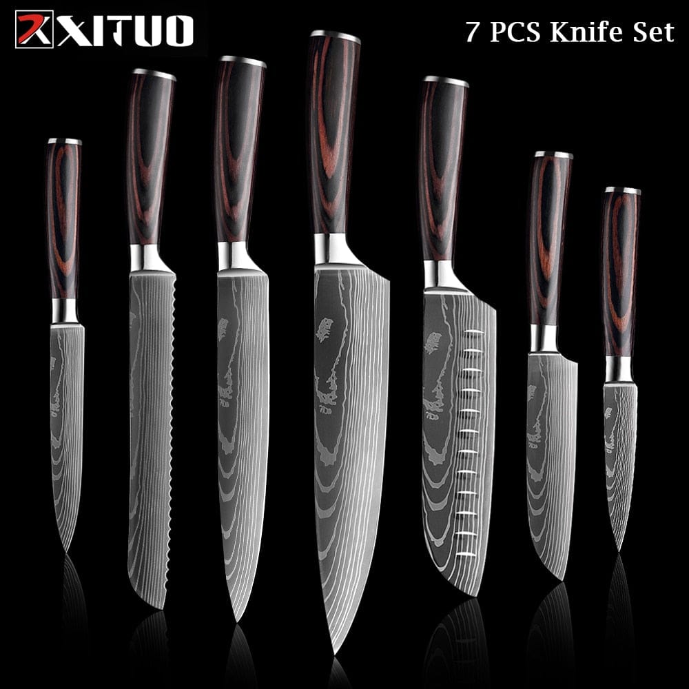 XITUO Chef knife 1-10 Pcs Set Kitchen Knives Laser Damascus Pattern Sharp Japanese Santoku Knife Cleaver Slicing Utility Knife - Wowza