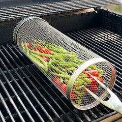 BBQ Basket Stainless Steel Rolling Grilling Basket Wire Mesh Cylinder Grill Basket Portable Outdoor Camping Barbecue Rack