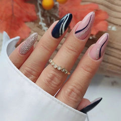 24Pcs/Box Almond Round Wavy False Nails Detachable Stiletto Fake Nails Full Cover French Ballerina Nail Tips Press On Nails