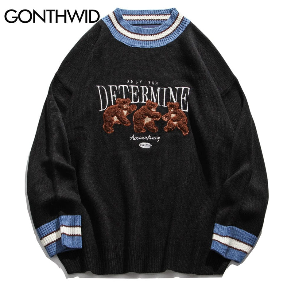 GONTHWID Bear Patchwork Striped Knitted Jumpers Sweaters Streetwear Hip Hop Harajuku Casual Pullover knitwear Mens Fashion Tops