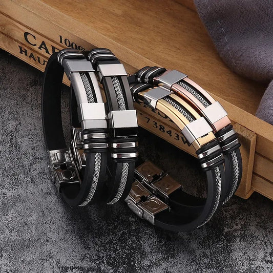 Stainless Steel Bracelets Men Wrist Band Black Grooved Rudder Silicone Mesh Link Insert Punk Wristband Casual Bangles