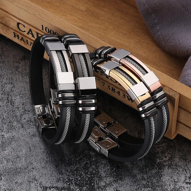 Stainless Steel Bracelets Men Wrist Band Black Grooved Rudder Silicone Mesh Link Insert Punk Wristband Casual Bangles