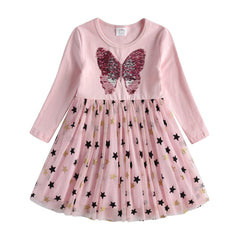 VIKITA Autumn Girls Dress Butterfly Sequins Kids Long Sleeve Dresses Baby Girls Princess Dress Party Clothes Birthday Dresses