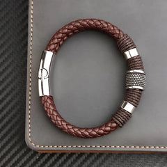 Vintage Multilayer Brown Genuine Leather Men Bracelet Stone Bead Bracelet Stainless Steel Jewelry Male Wrist Bangle Gift