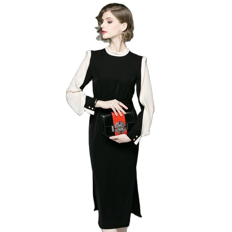 2023 autumn new classic contrast color slim dress round neck long sleeve OL commuter long dresses step female