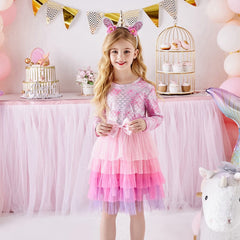 VIKITA Kids Tutu Dress for Girls Long Sleeve Party Prom Vestidos Toddlers Mermaid Unicorn Dresses Kids Princess Autumn Dress